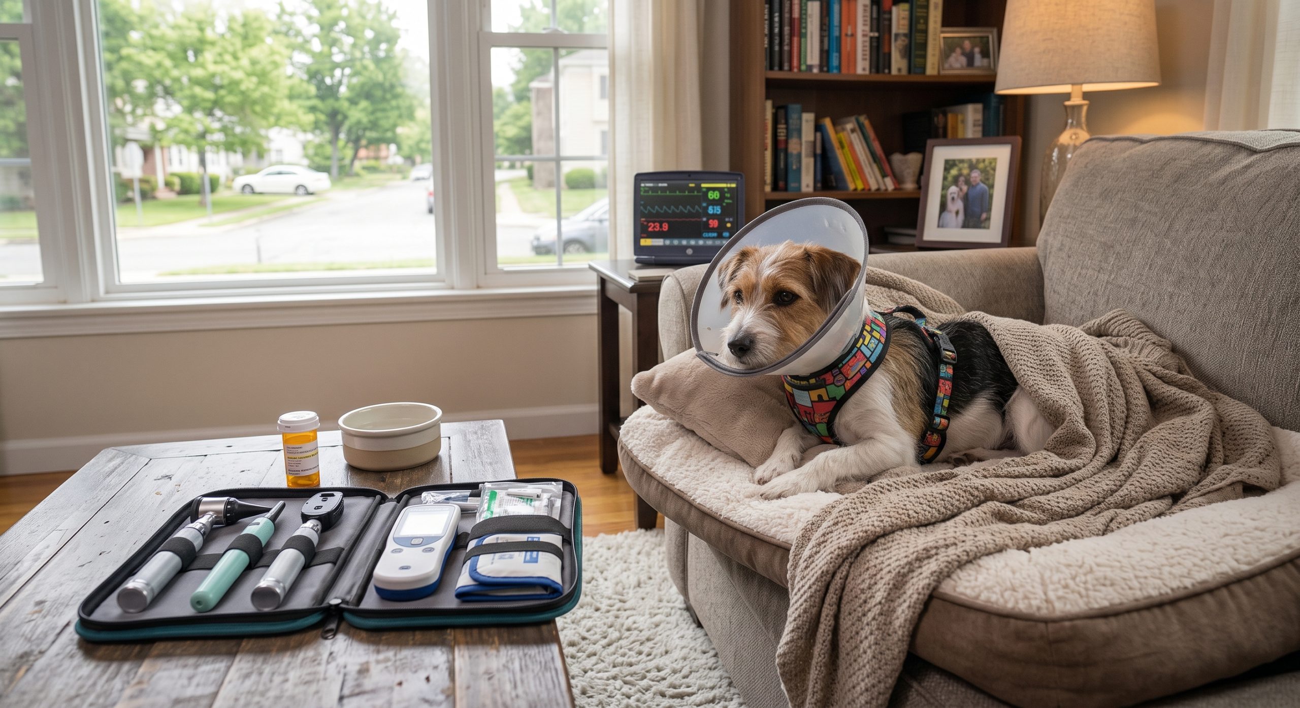 A pet resting comfortably at home after care from Happy's Vet