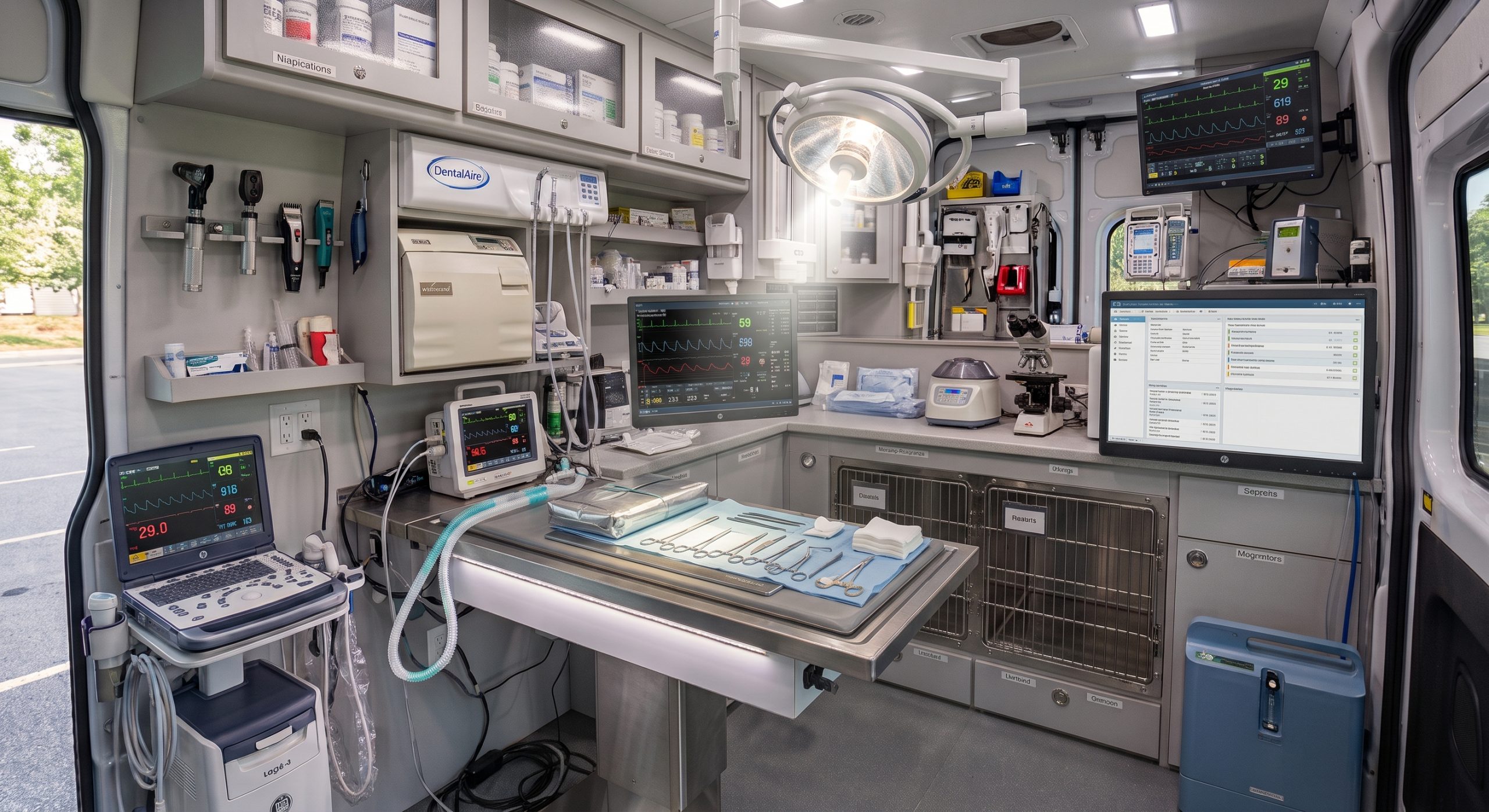 The on-board surgical suite inside the Happy's Vet mobile veterinary hospital in Jacksonville, Florida