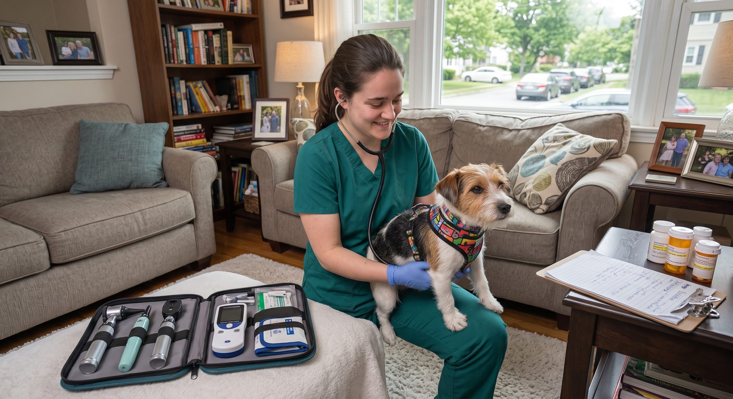 Happy's Vet veterinary technician examining a pet at home in Jacksonville, Florida