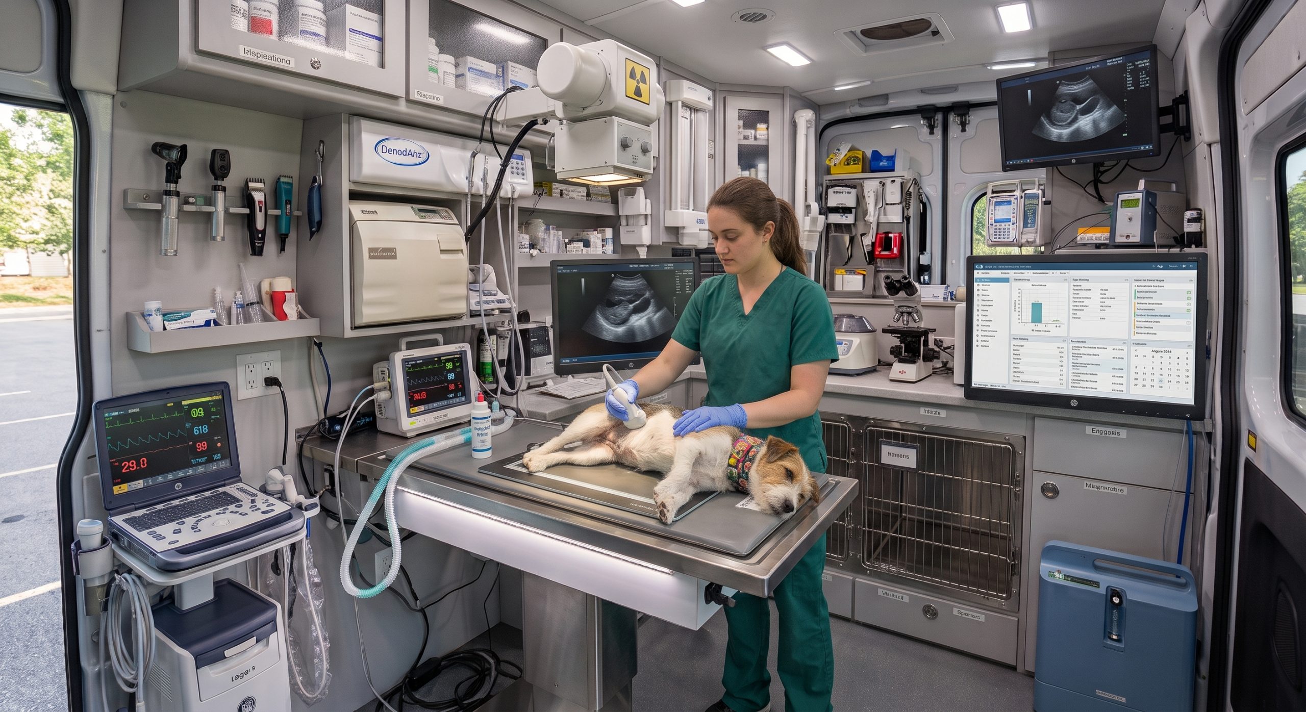 Veterinary ultrasound scan in progress on a pet at home during a Happy's Vet mobile visit in Jacksonville, Florida